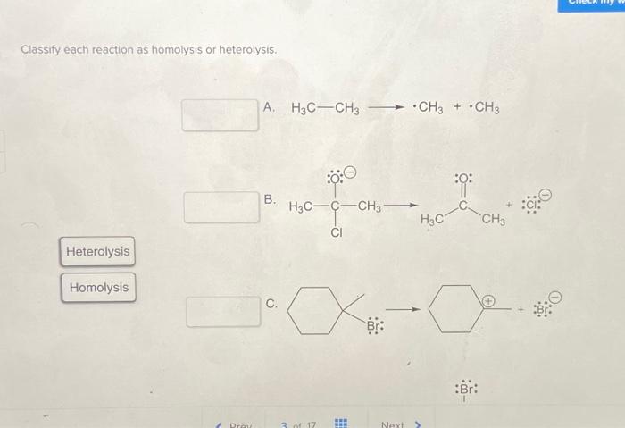 Classify each reaction as homolysis or heterolysis